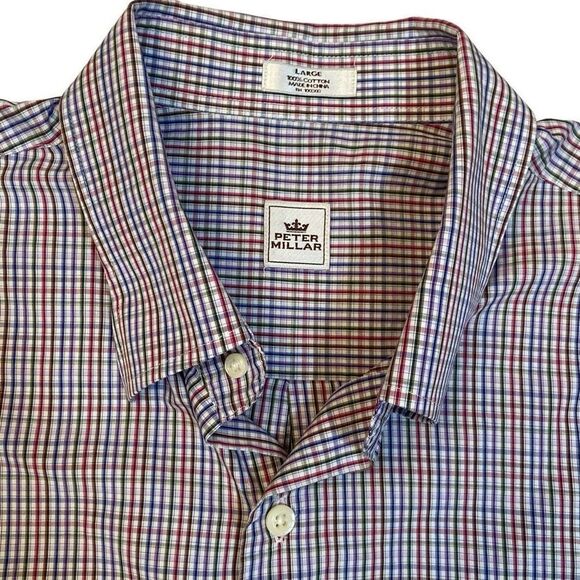Peter Millar Blue Red Plaid Long Sleeve Button Down Dress Shirt Men Size Large - Picture 3 of 10